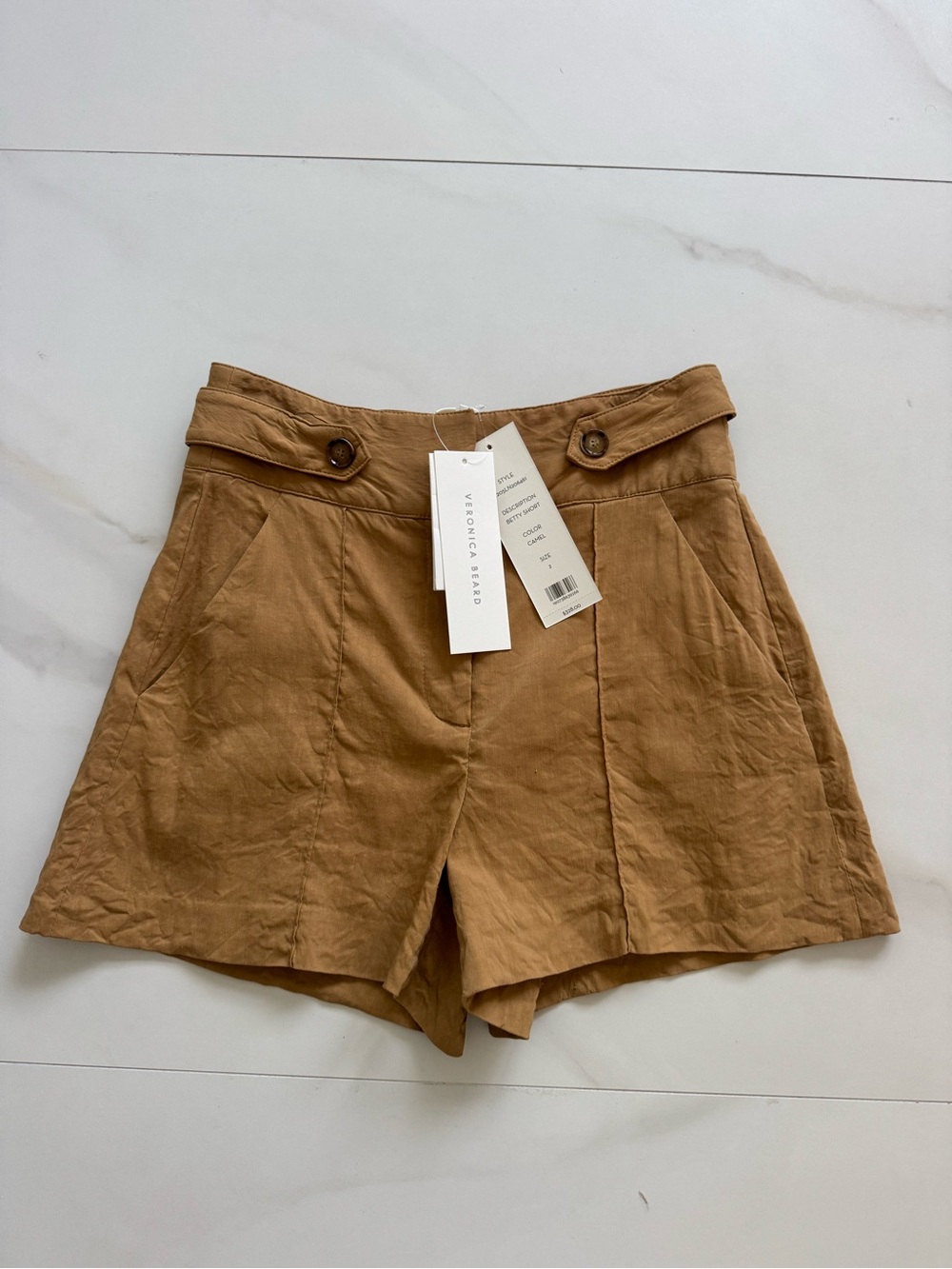 Veronica Beard Tan High-Waist Tab-Button Shorts